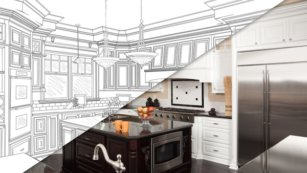 Sketch of renovation and renovated kitchen side-by-side