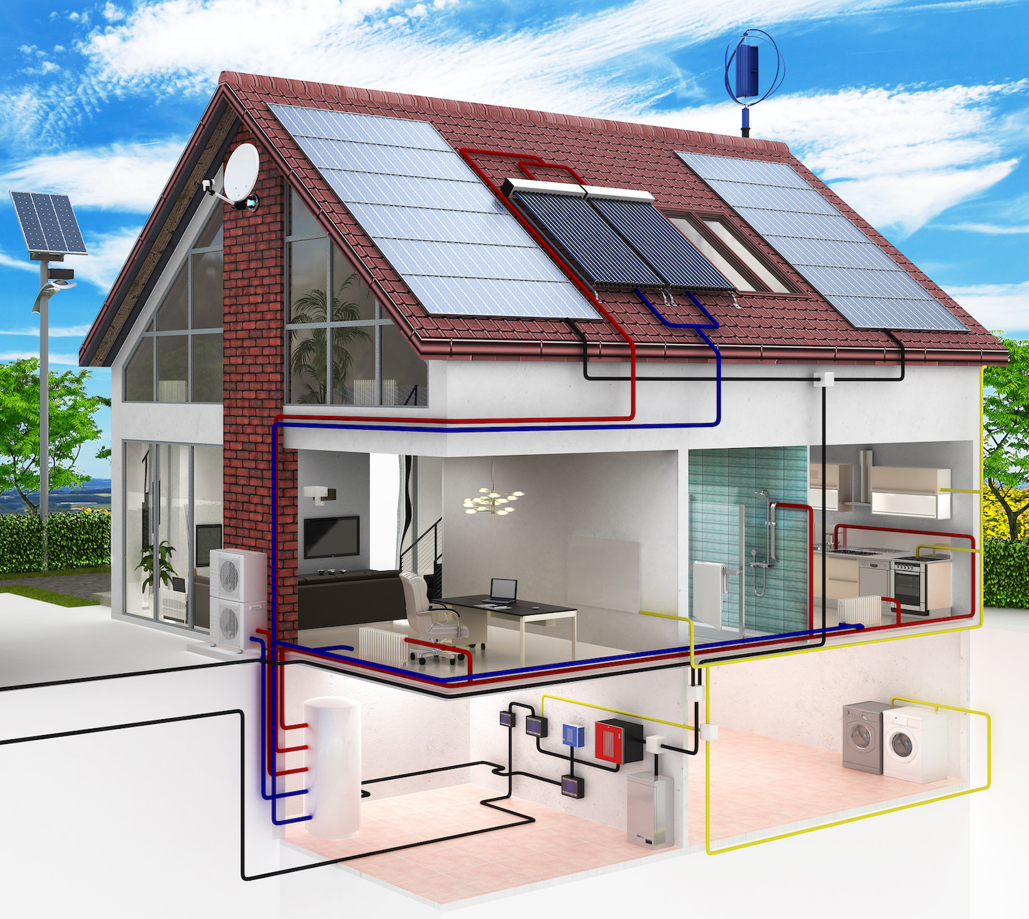 Illustration showing a home with solar panels and it's wiring