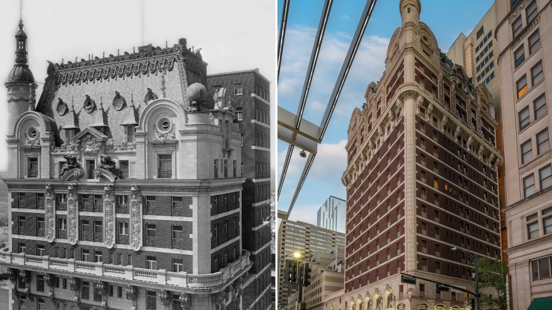 Vintage and current photo of Adolphus Hotel in Texas