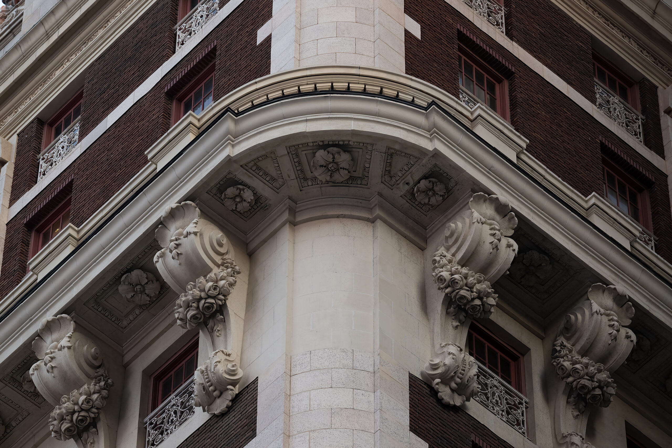Close up shot of exterior design of Adolphus Hotel