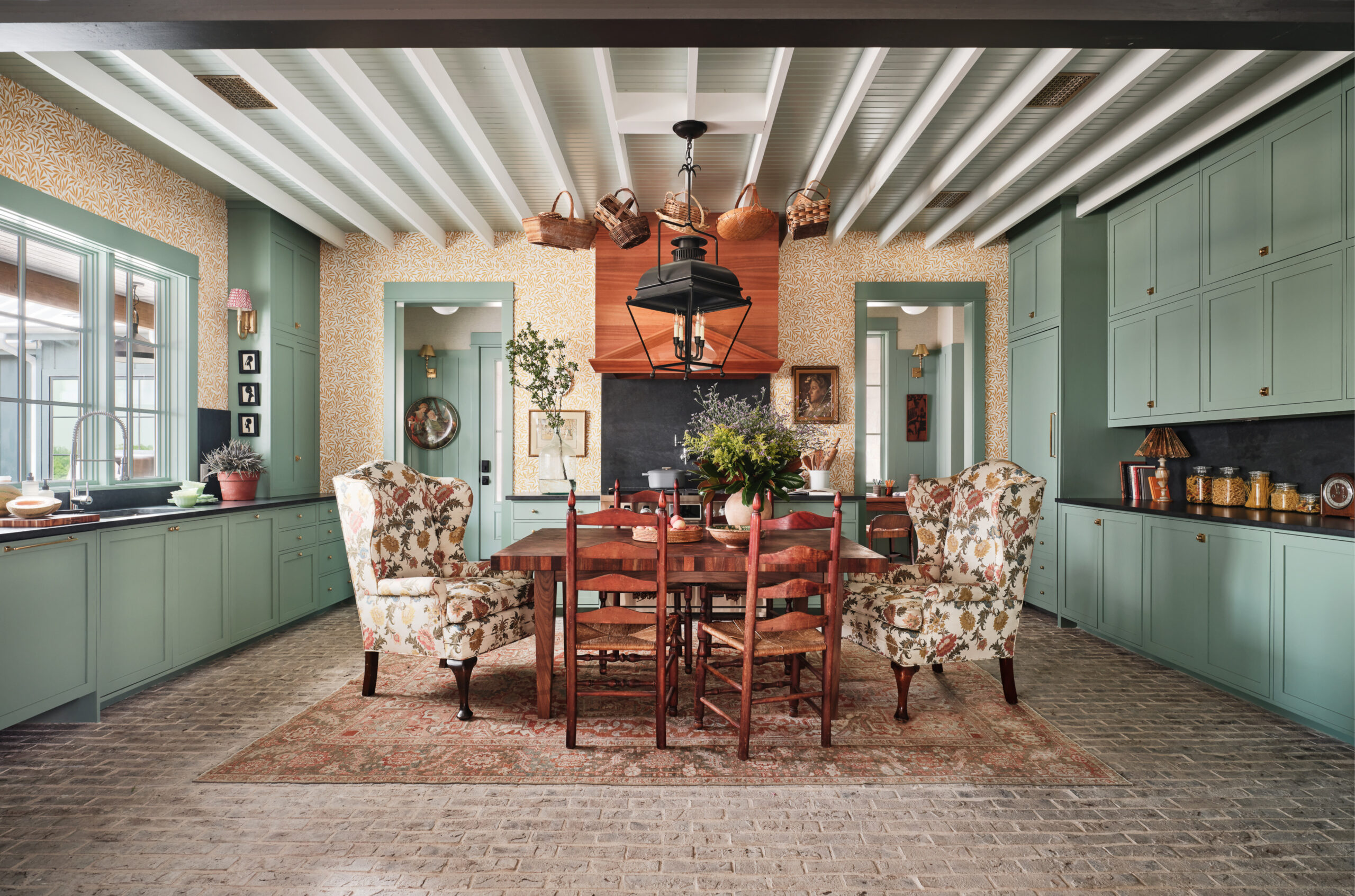 thin brick floor inside a home kitchen