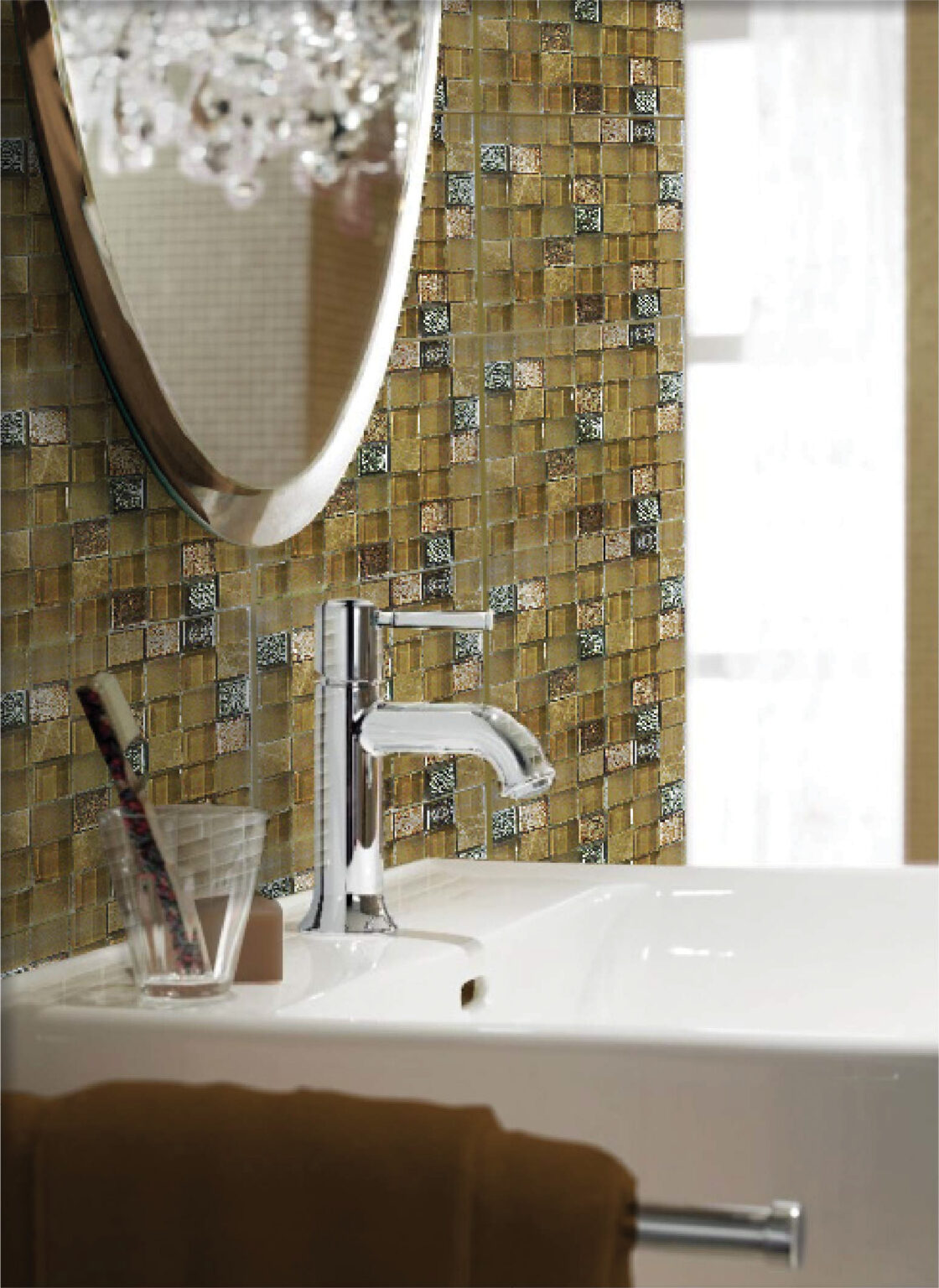 Allure I – Glass, Stone & Foil Sunrise Random Linear Mosaic 12 x 12