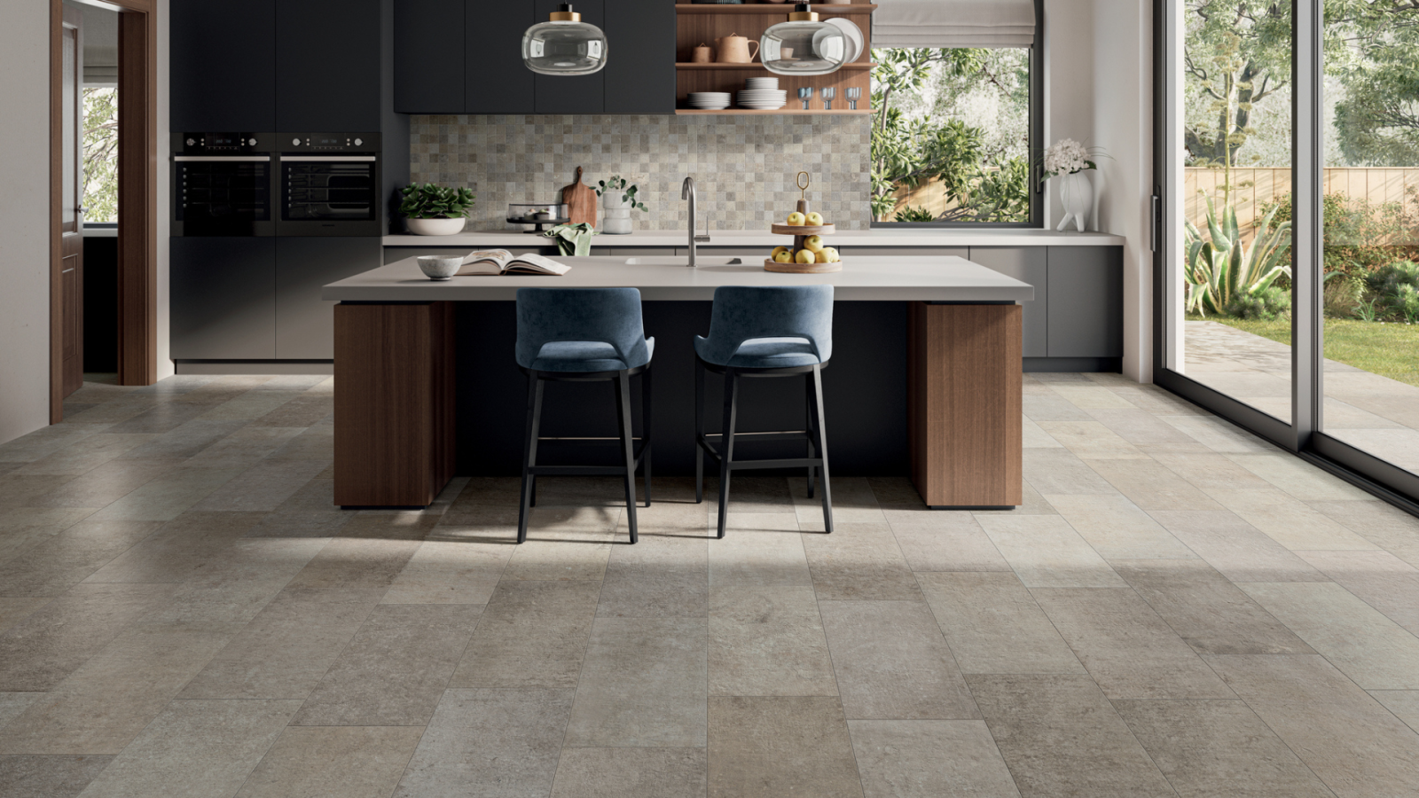 Modern kitchen featuring porcelain tile