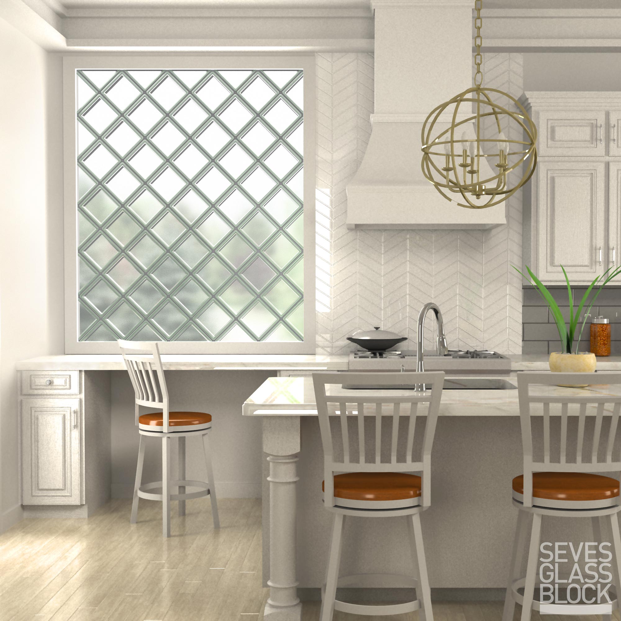Kitchen featuring glass block window