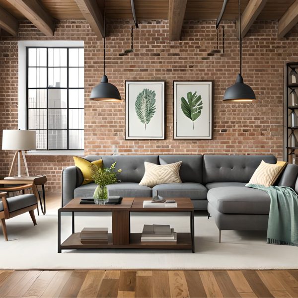 Interior design of an industrial chic living room that incorporates exposed bricks, metal finishes, wooden elements, and vintage machinery-inspired decor with a touch of luxury | Generative AI
