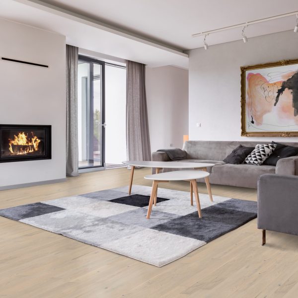 Modern living room with fireplace, sofa, balcony and pattern carpet