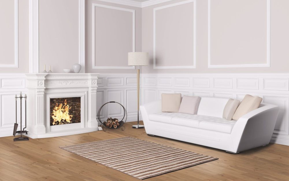 Classic interior design of living room with white sofa and fireplace 3d render